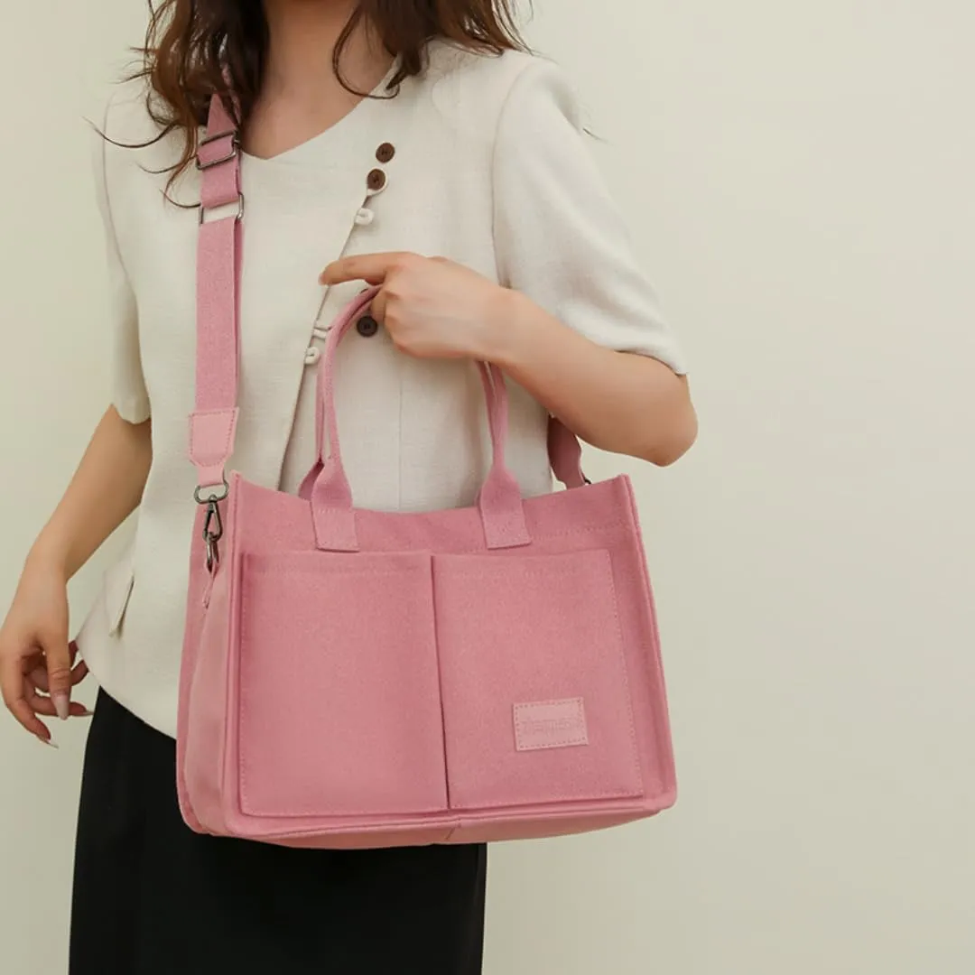 Women's Cute Cherry Tote Bag Multi Pocket Canvas Patched Purse Shoulder Bag Satchel Handbag for Work Travel
