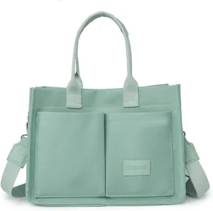 Women's Cute Cherry Tote Bag Multi Pocket Canvas Patched Purse Shoulder Bag Satchel Handbag for Work Travel