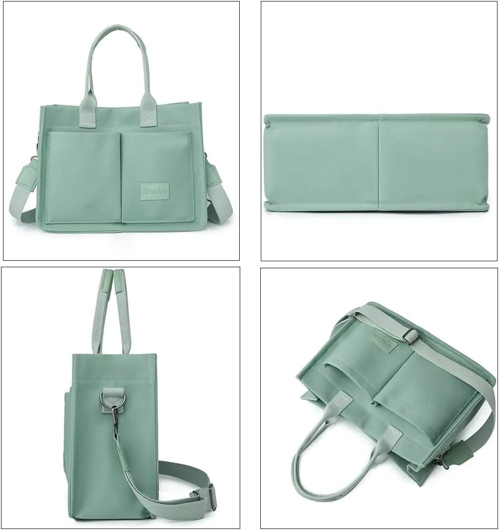 Women's Cute Cherry Tote Bag Multi Pocket Canvas Patched Purse Shoulder Bag Satchel Handbag for Work Travel
