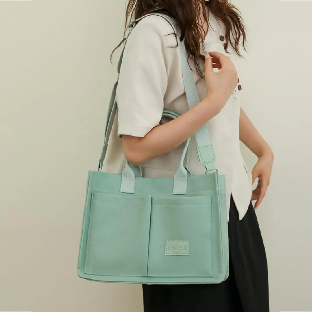 Women's Cute Cherry Tote Bag Multi Pocket Canvas Patched Purse Shoulder Bag Satchel Handbag for Work Travel