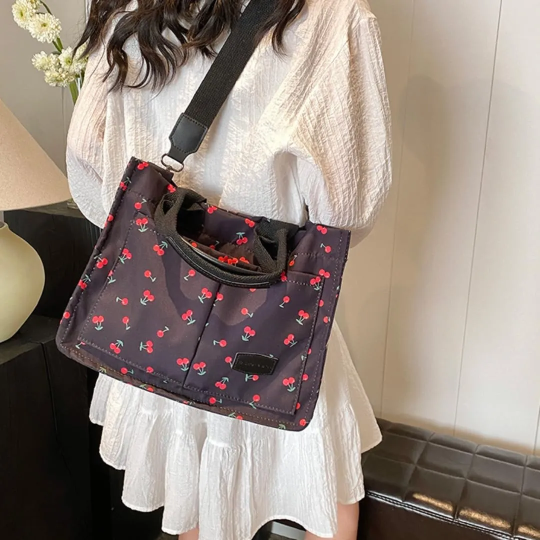 Women's Cute Cherry Tote Bag Multi Pocket Canvas Patched Purse Shoulder Bag Satchel Handbag for Work Travel