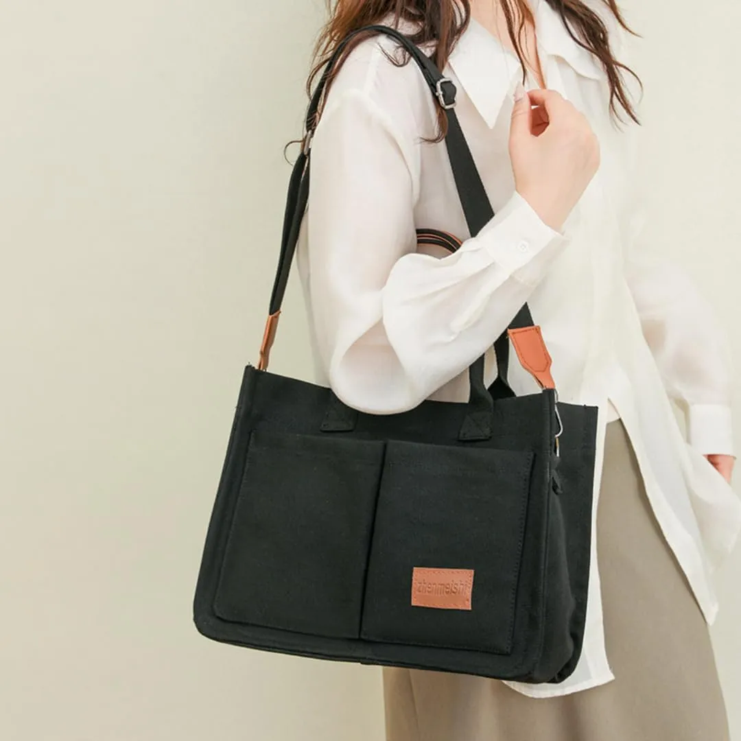 Women's Cute Cherry Tote Bag Multi Pocket Canvas Patched Purse Shoulder Bag Satchel Handbag for Work Travel