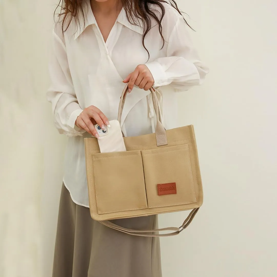 Women's Cute Cherry Tote Bag Multi Pocket Canvas Patched Purse Shoulder Bag Satchel Handbag for Work Travel