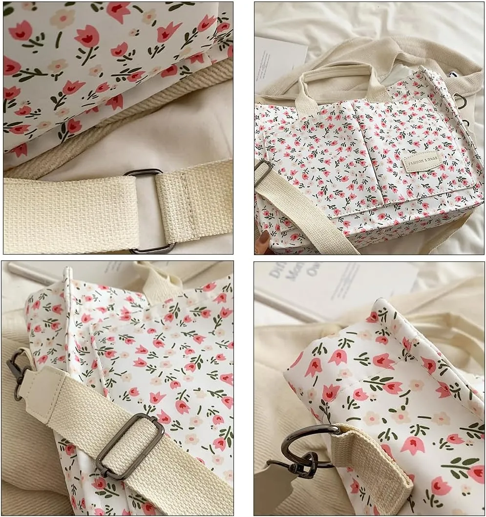 Women's Cute Cherry Tote Bag Multi Pocket Canvas Patched Purse Shoulder Bag Satchel Handbag for Work Travel