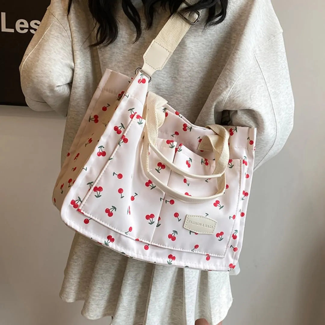Women's Cute Cherry Tote Bag Multi Pocket Canvas Patched Purse Shoulder Bag Satchel Handbag for Work Travel