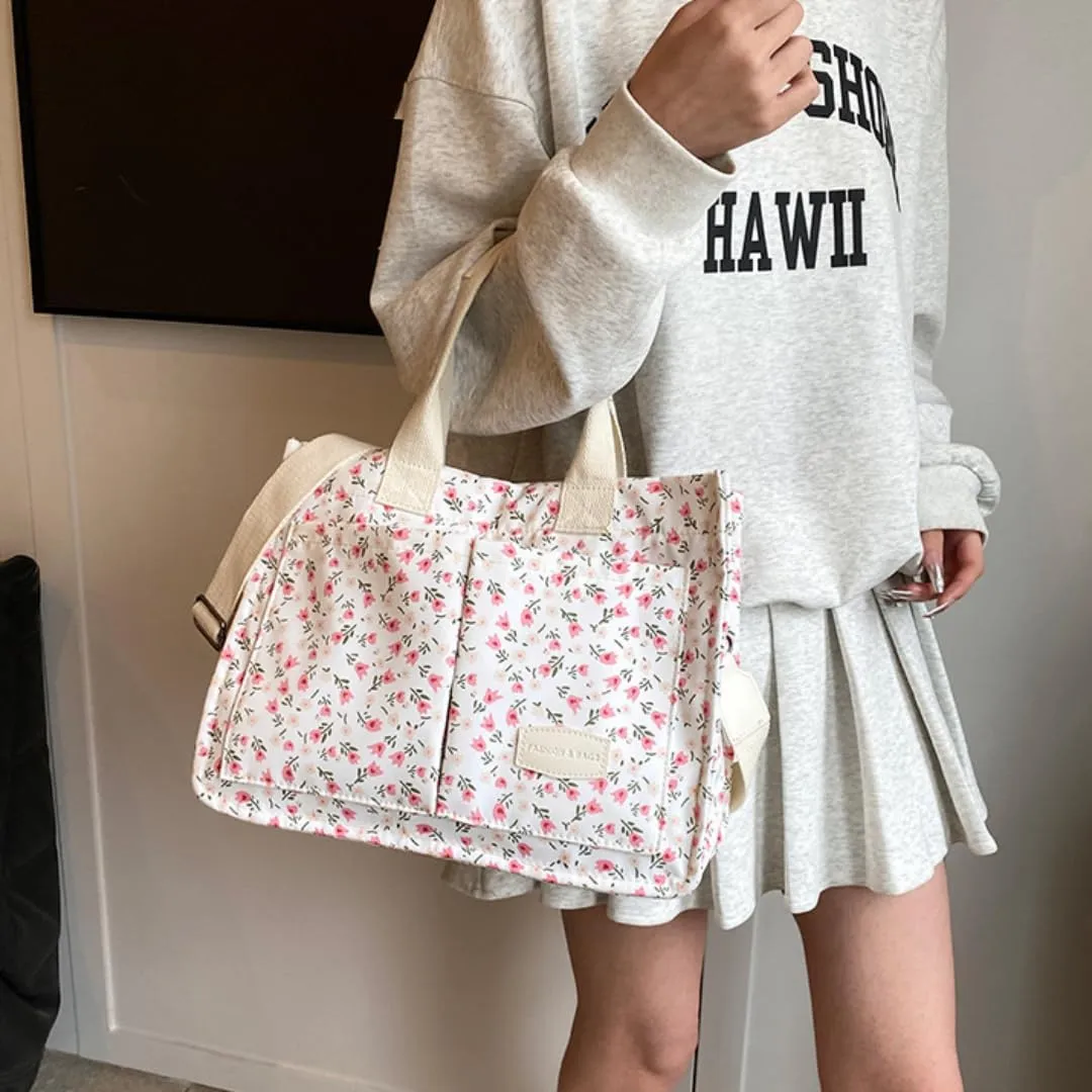 Women's Cute Cherry Tote Bag Multi Pocket Canvas Patched Purse Shoulder Bag Satchel Handbag for Work Travel