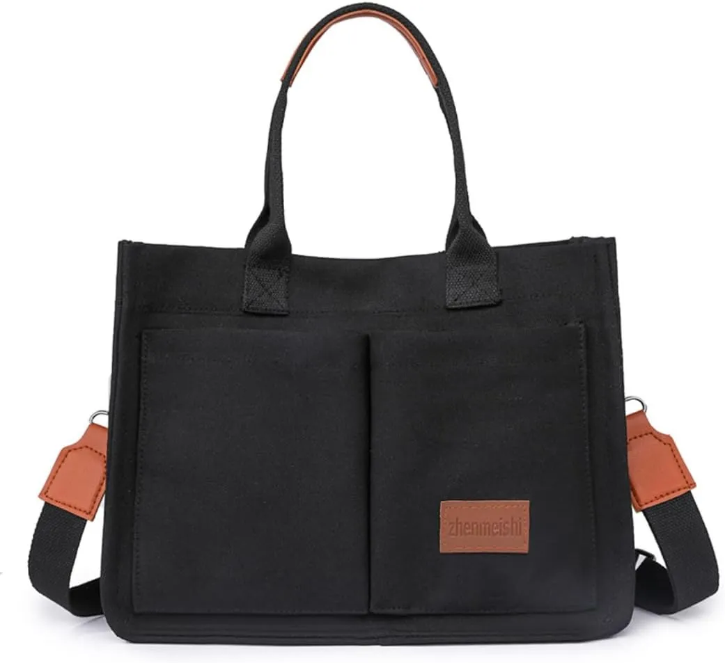 Women's Cute Cherry Tote Bag Multi Pocket Canvas Patched Purse Shoulder Bag Satchel Handbag for Work Travel