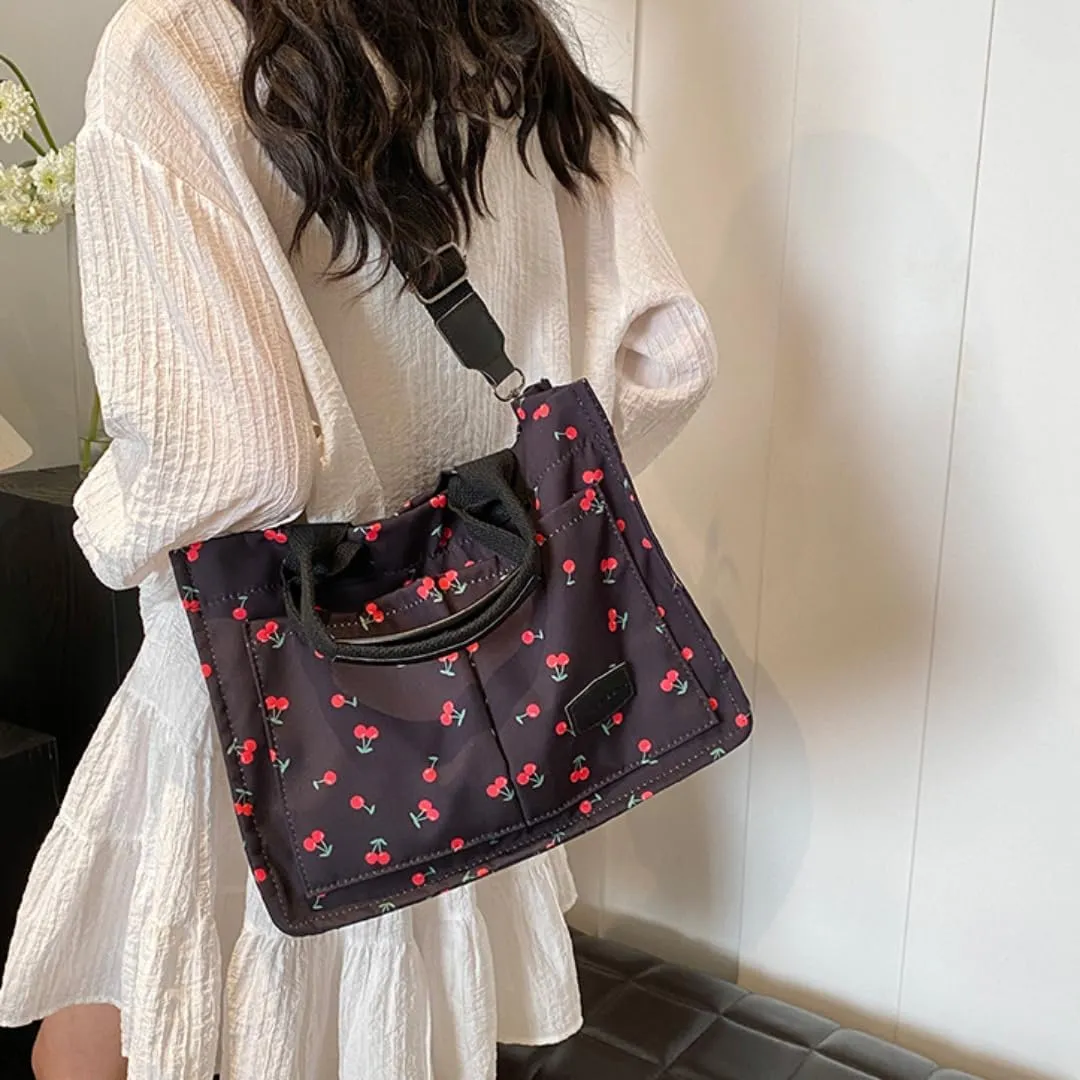 Women's Cute Cherry Tote Bag Multi Pocket Canvas Patched Purse Shoulder Bag Satchel Handbag for Work Travel