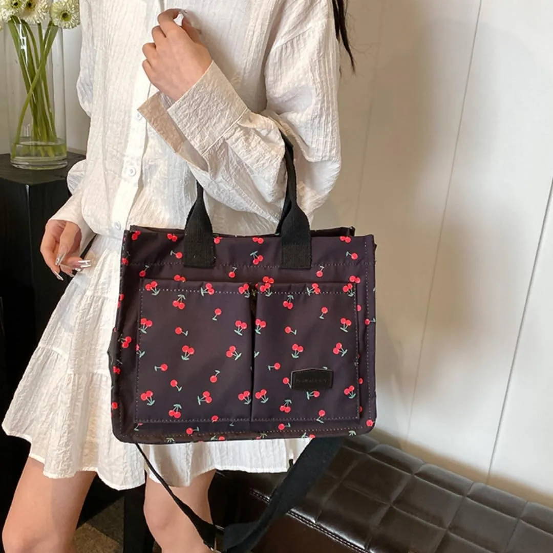 Women's Cute Cherry Tote Bag Multi Pocket Canvas Patched Purse Shoulder Bag Satchel Handbag for Work Travel