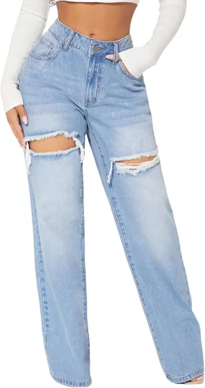 Womens Distressed Straight Leg Jeans High Waisted Wide Leg Baggy Jeans Boyfriend Casual Denim Pants.