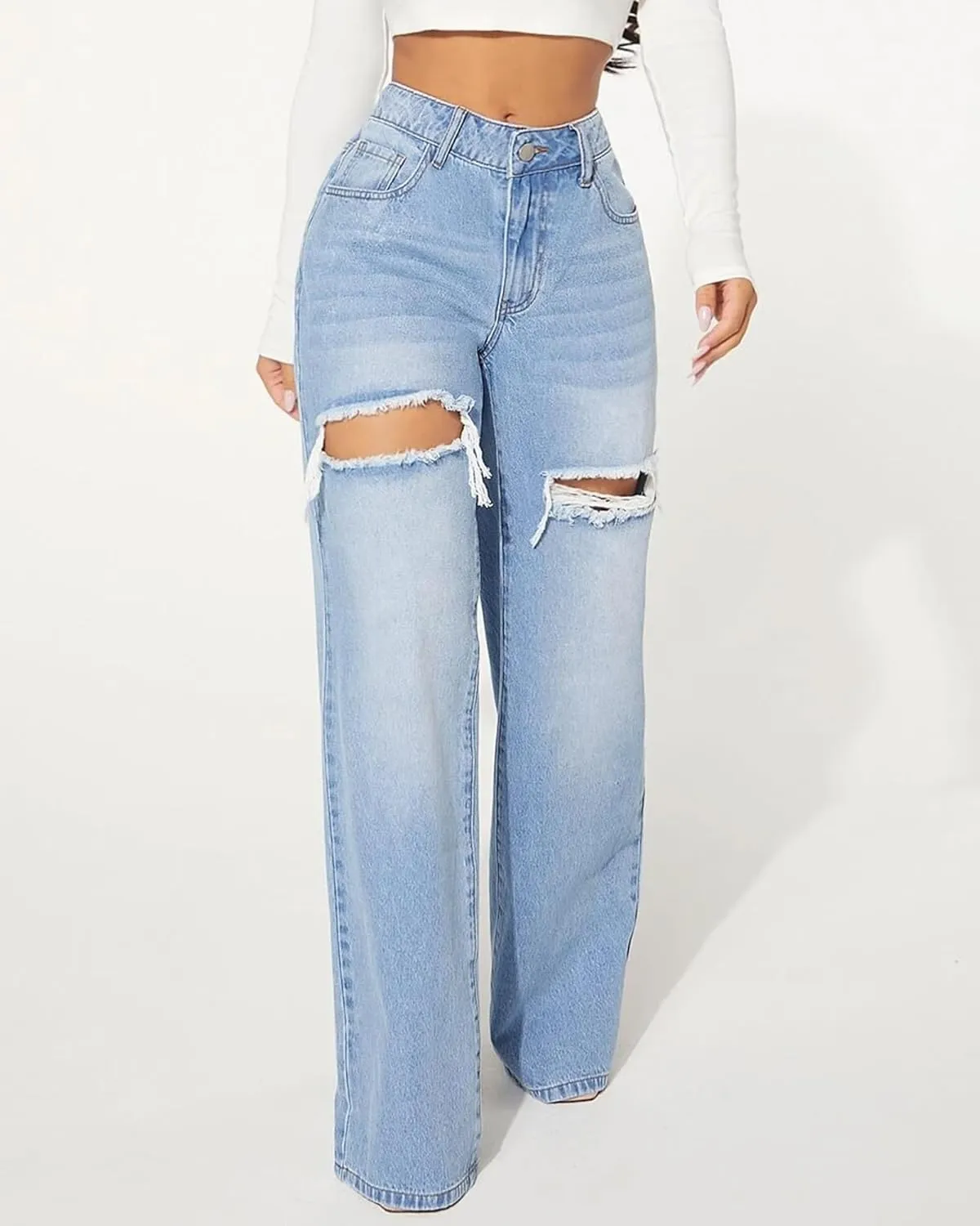 Womens Distressed Straight Leg Jeans High Waisted Wide Leg Baggy Jeans Boyfriend Casual Denim Pants.