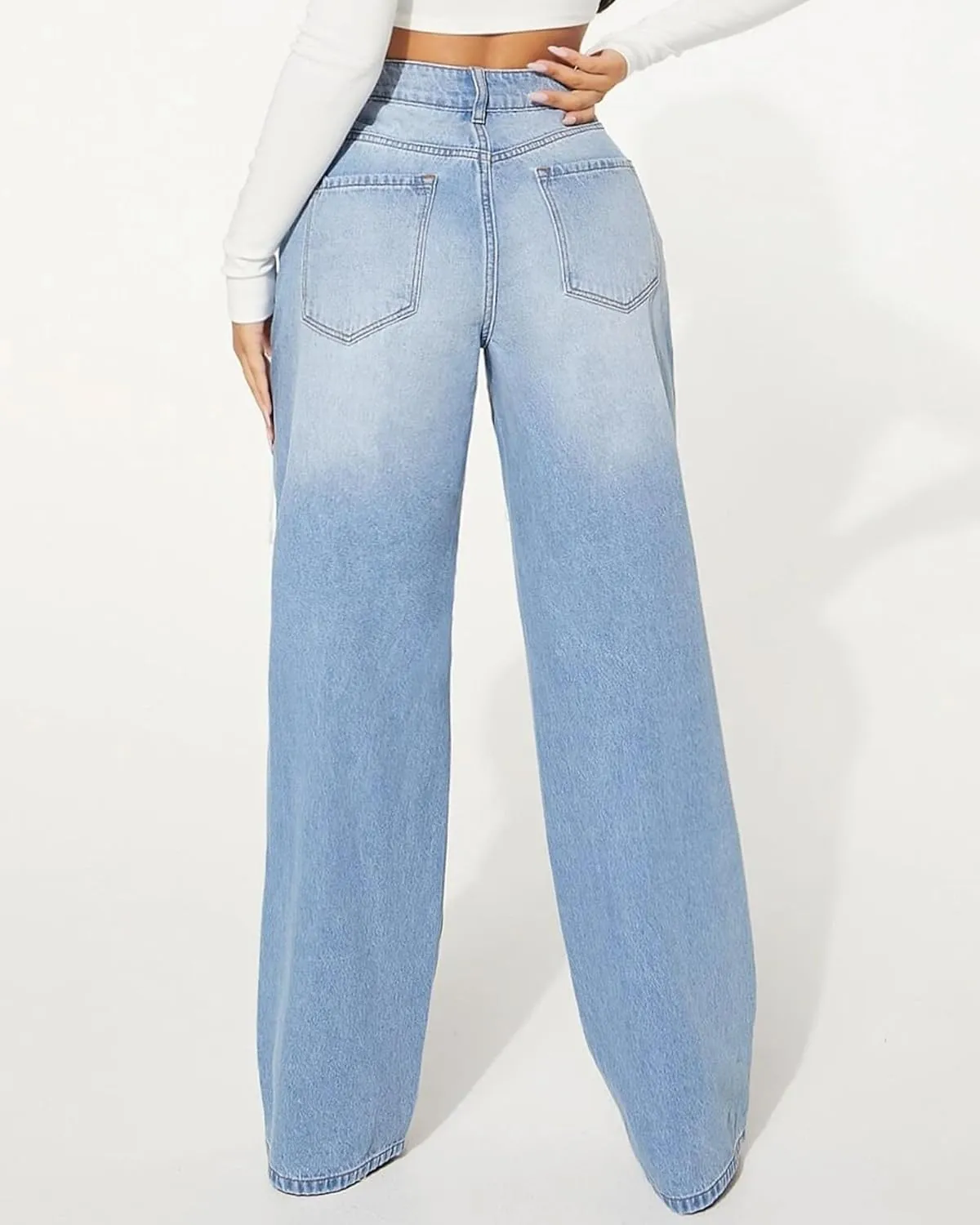 Womens Distressed Straight Leg Jeans High Waisted Wide Leg Baggy Jeans Boyfriend Casual Denim Pants.