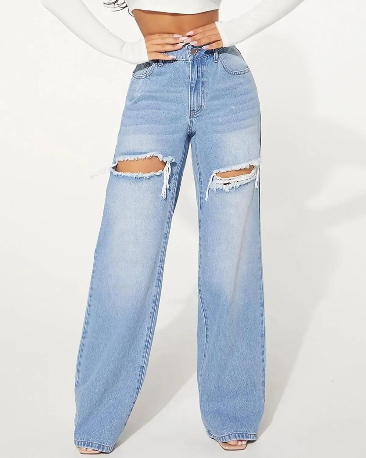 Womens Distressed Straight Leg Jeans High Waisted Wide Leg Baggy Jeans Boyfriend Casual Denim Pants.