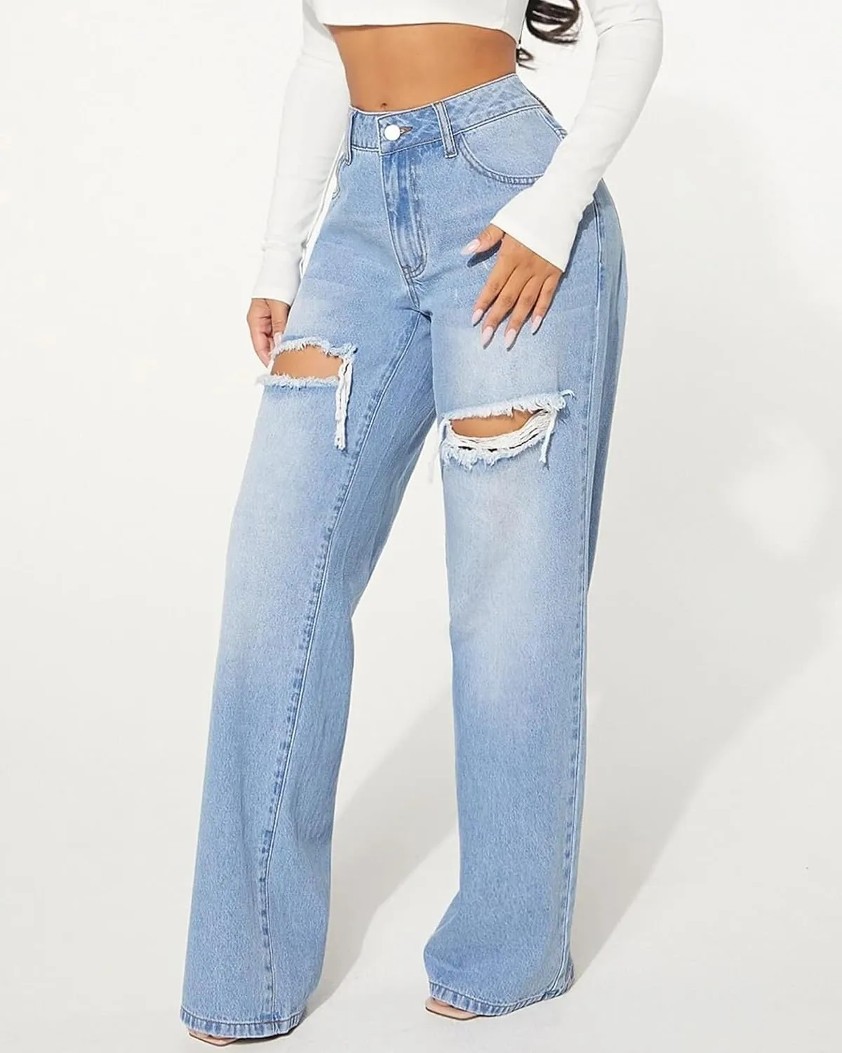 Womens Distressed Straight Leg Jeans High Waisted Wide Leg Baggy Jeans Boyfriend Casual Denim Pants.