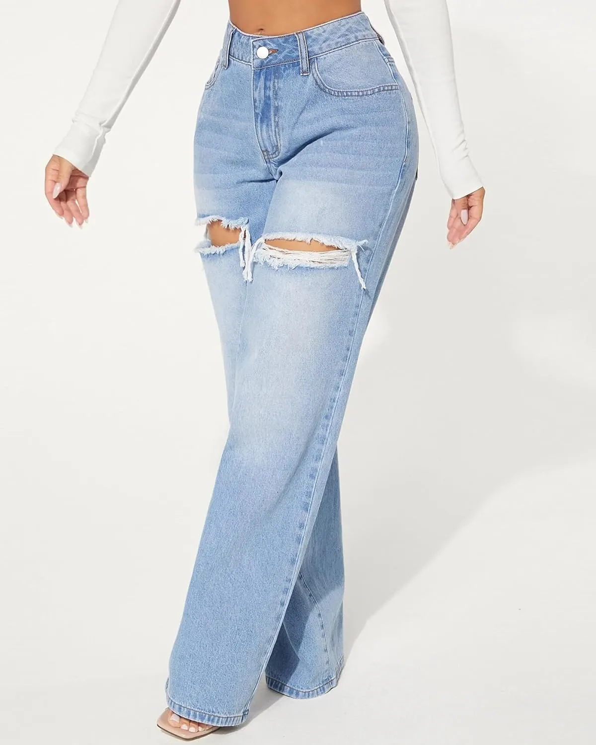 Womens Distressed Straight Leg Jeans High Waisted Wide Leg Baggy Jeans Boyfriend Casual Denim Pants.