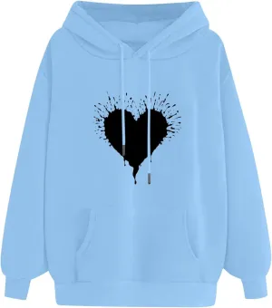 Women's Drawstring Hoodie Long Sleeve Heart Print Cute Pullovers Tops Trendy Kangaroo Pocket Casual Sweatshirt