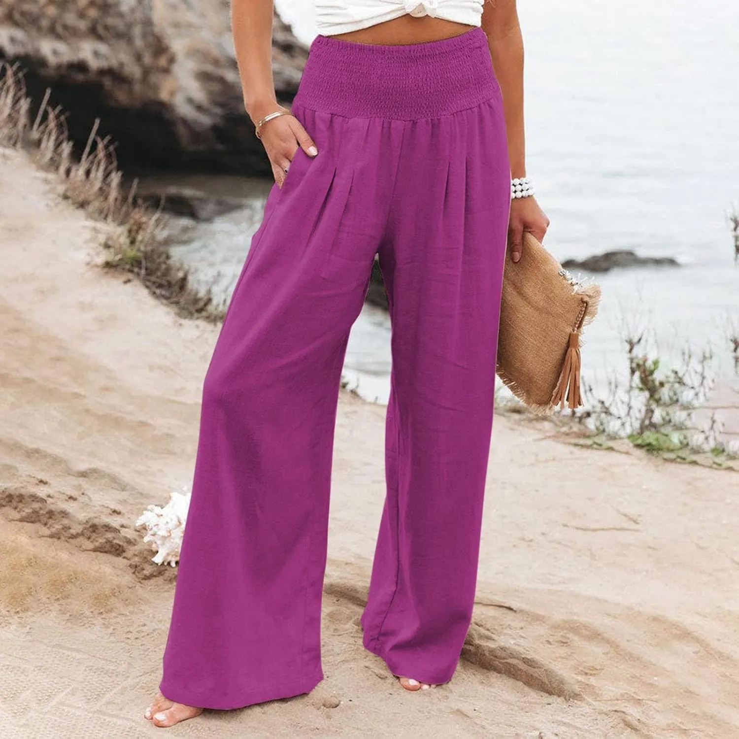 Women's Elastic High Waist Trousers Casual Solid Color Cotton Linen Wide Leg Pants Loose Pull-on Trousers