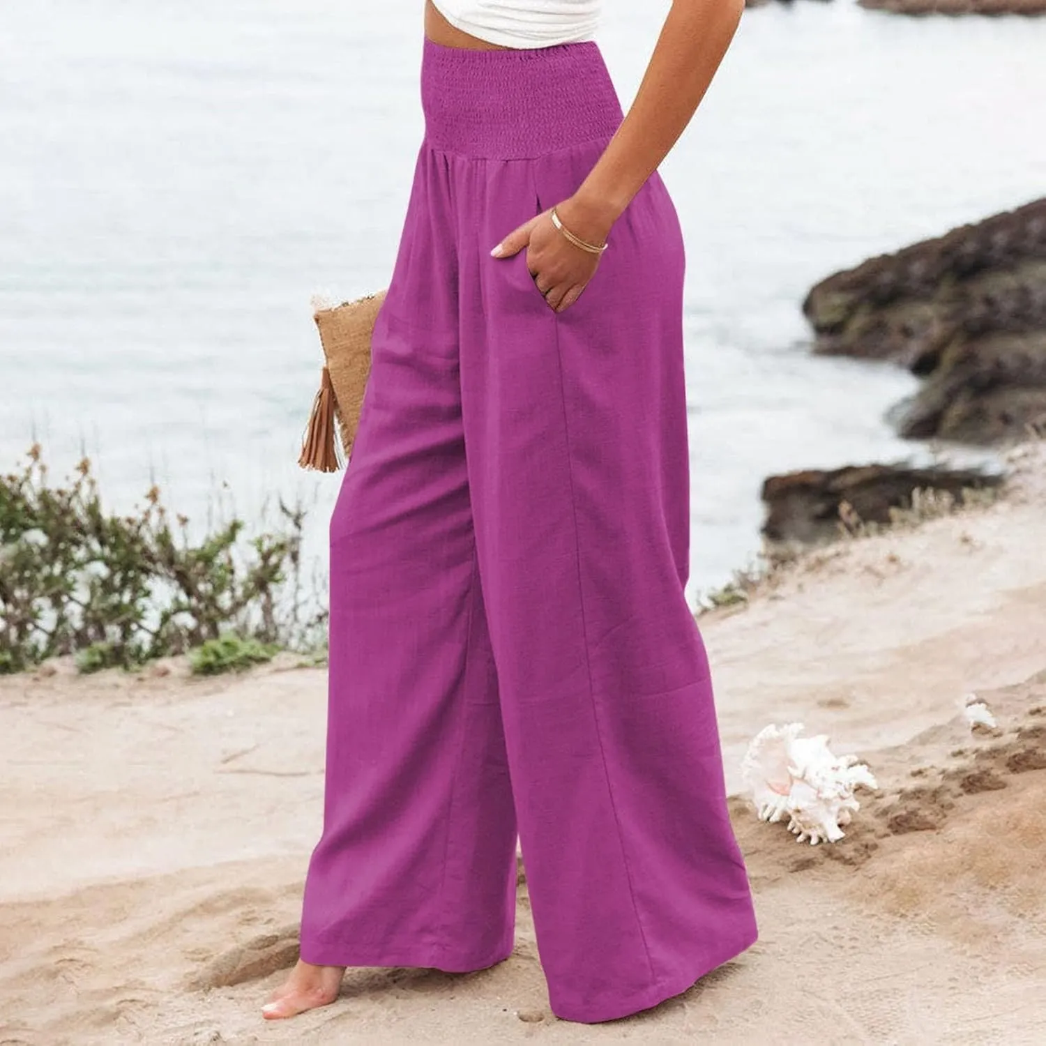 Women's Elastic High Waist Trousers Casual Solid Color Cotton Linen Wide Leg Pants Loose Pull-on Trousers
