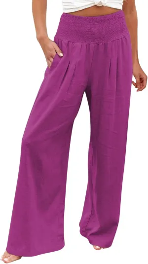 Women's Elastic High Waist Trousers Casual Solid Color Cotton Linen Wide Leg Pants Loose Pull-on Trousers