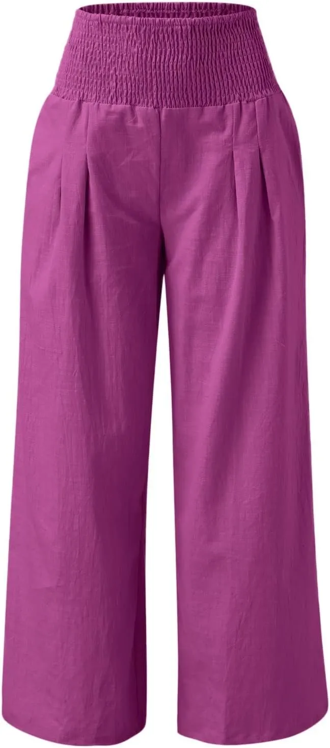 Women's Elastic High Waist Trousers Casual Solid Color Cotton Linen Wide Leg Pants Loose Pull-on Trousers