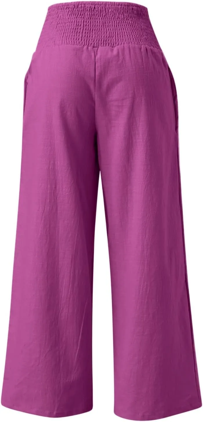 Women's Elastic High Waist Trousers Casual Solid Color Cotton Linen Wide Leg Pants Loose Pull-on Trousers
