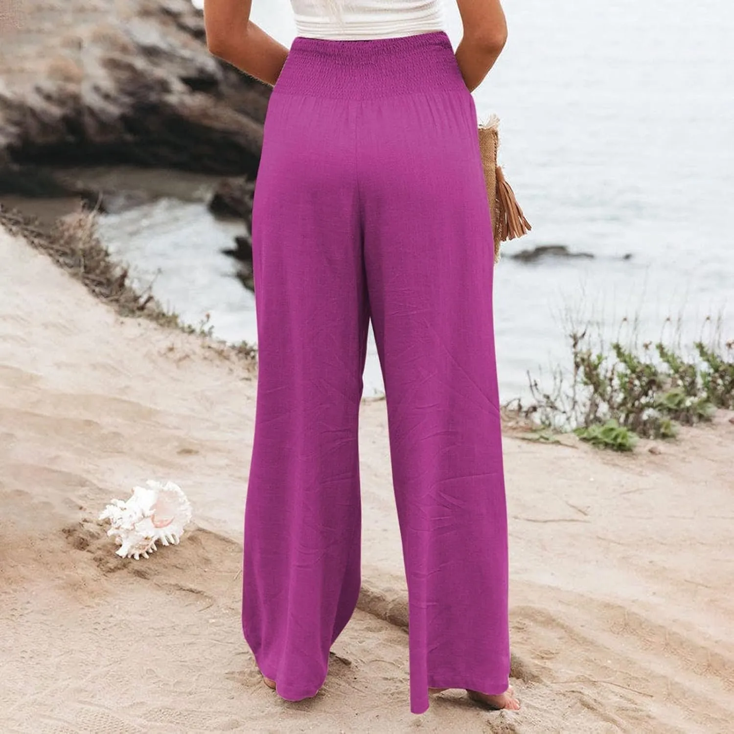 Women's Elastic High Waist Trousers Casual Solid Color Cotton Linen Wide Leg Pants Loose Pull-on Trousers