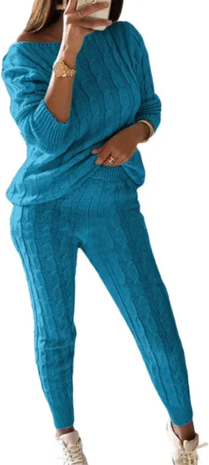 Womens Fall Cable Knit Set Plus Size Crew Neck Pullover Sweater Top & Long Pants 2 Piece Outfits Tracksuit Loungewear