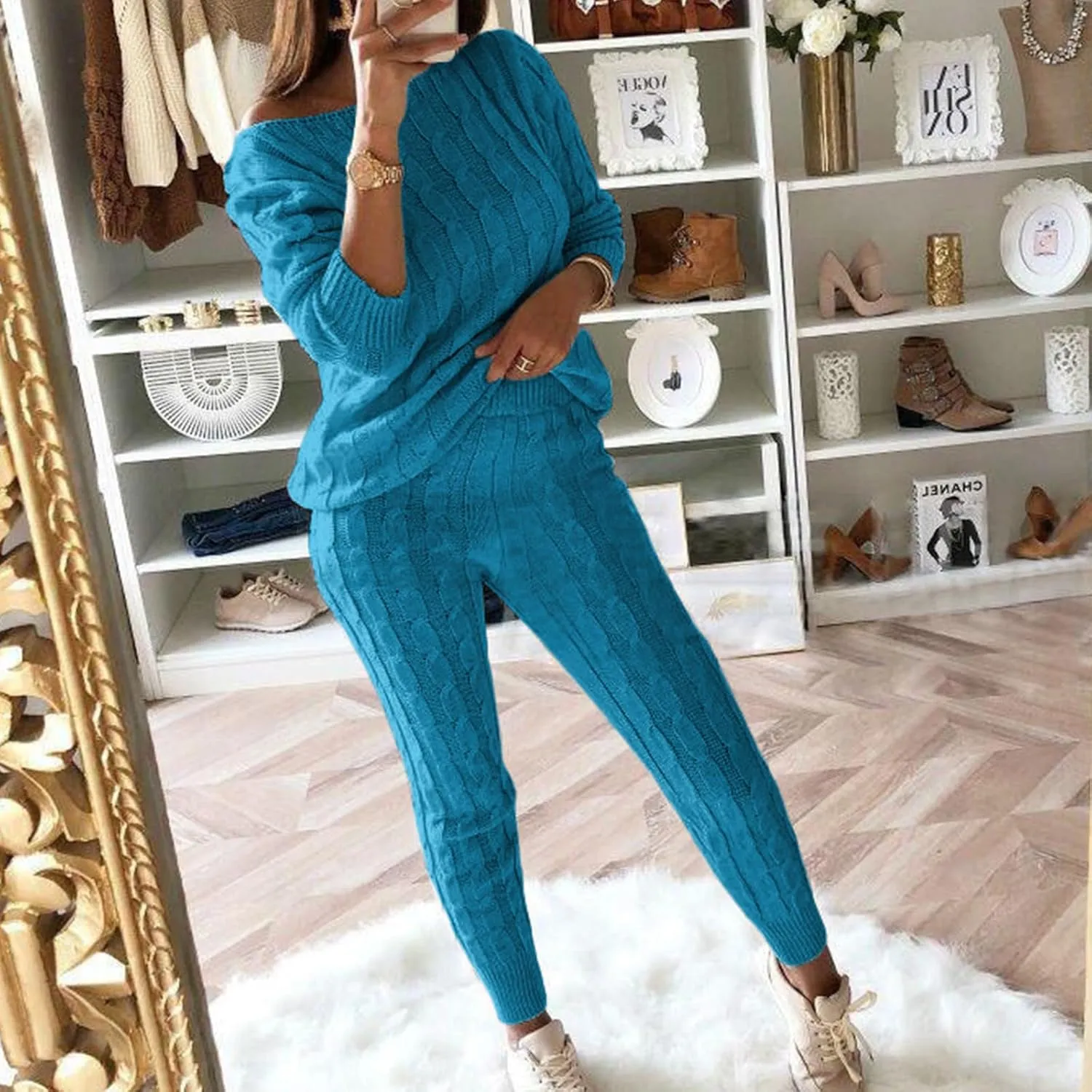 Womens Fall Cable Knit Set Plus Size Crew Neck Pullover Sweater Top & Long Pants 2 Piece Outfits Tracksuit Loungewear