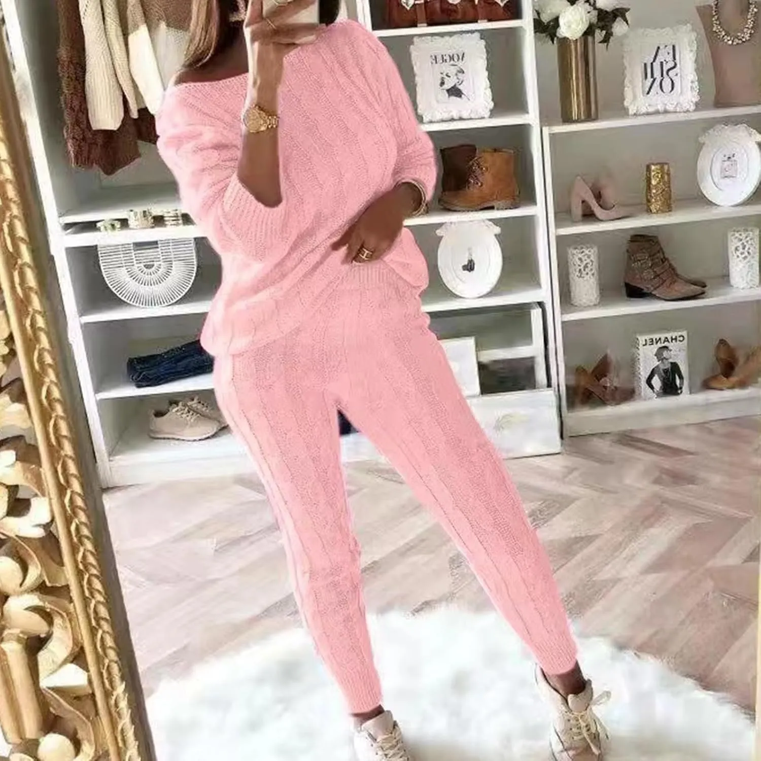 Womens Fall Cable Knit Set Plus Size Crew Neck Pullover Sweater Top & Long Pants 2 Piece Outfits Tracksuit Loungewear