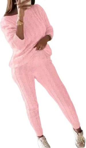 Womens Fall Cable Knit Set Plus Size Crew Neck Pullover Sweater Top & Long Pants 2 Piece Outfits Tracksuit Loungewear