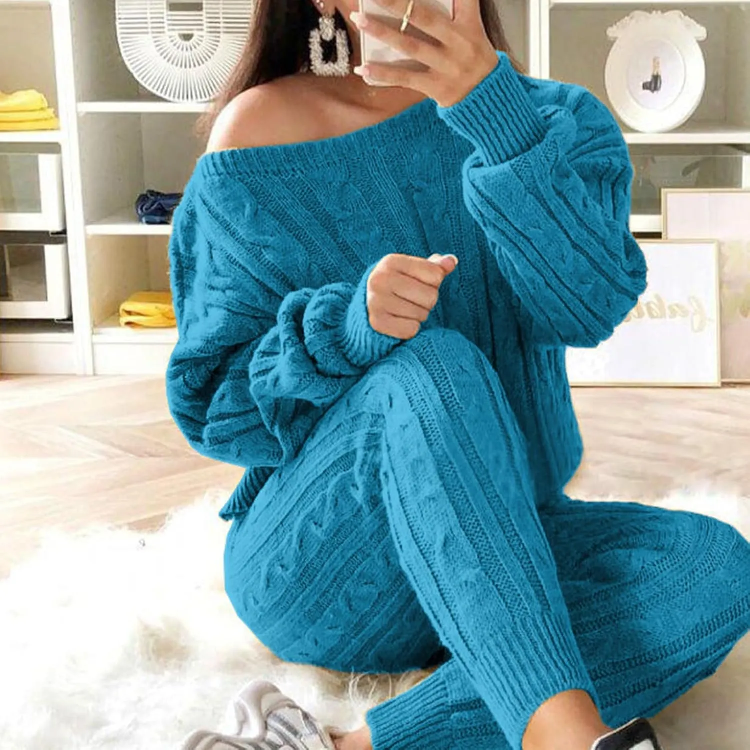 Womens Fall Cable Knit Set Plus Size Crew Neck Pullover Sweater Top & Long Pants 2 Piece Outfits Tracksuit Loungewear