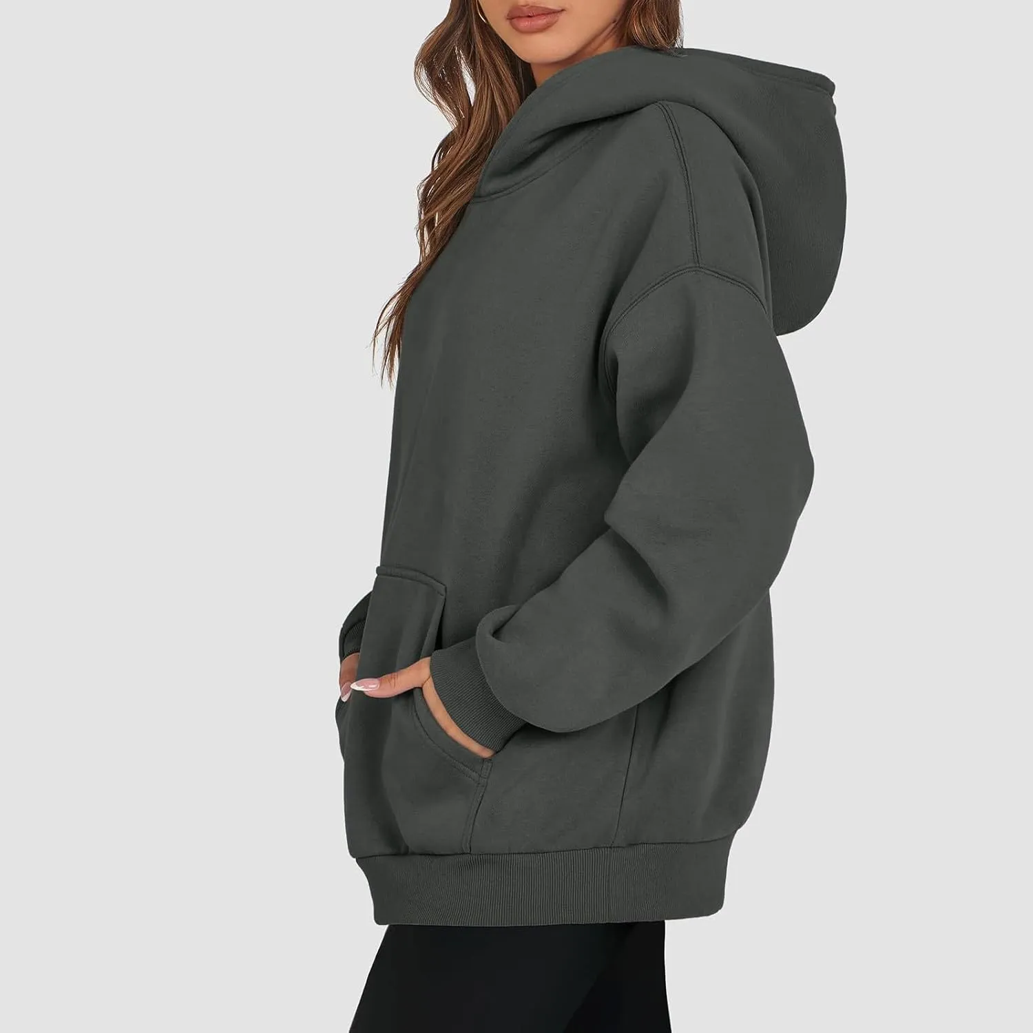 Women's Fall Casual Big Size Solid Color Classic Long Sleeve Hooded Sweatshirt Fashion Loose with Pockets