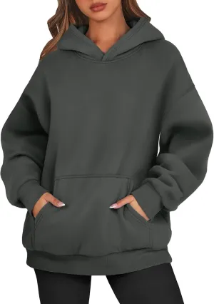 Women's Fall Casual Big Size Solid Color Classic Long Sleeve Hooded Sweatshirt Fashion Loose with Pockets