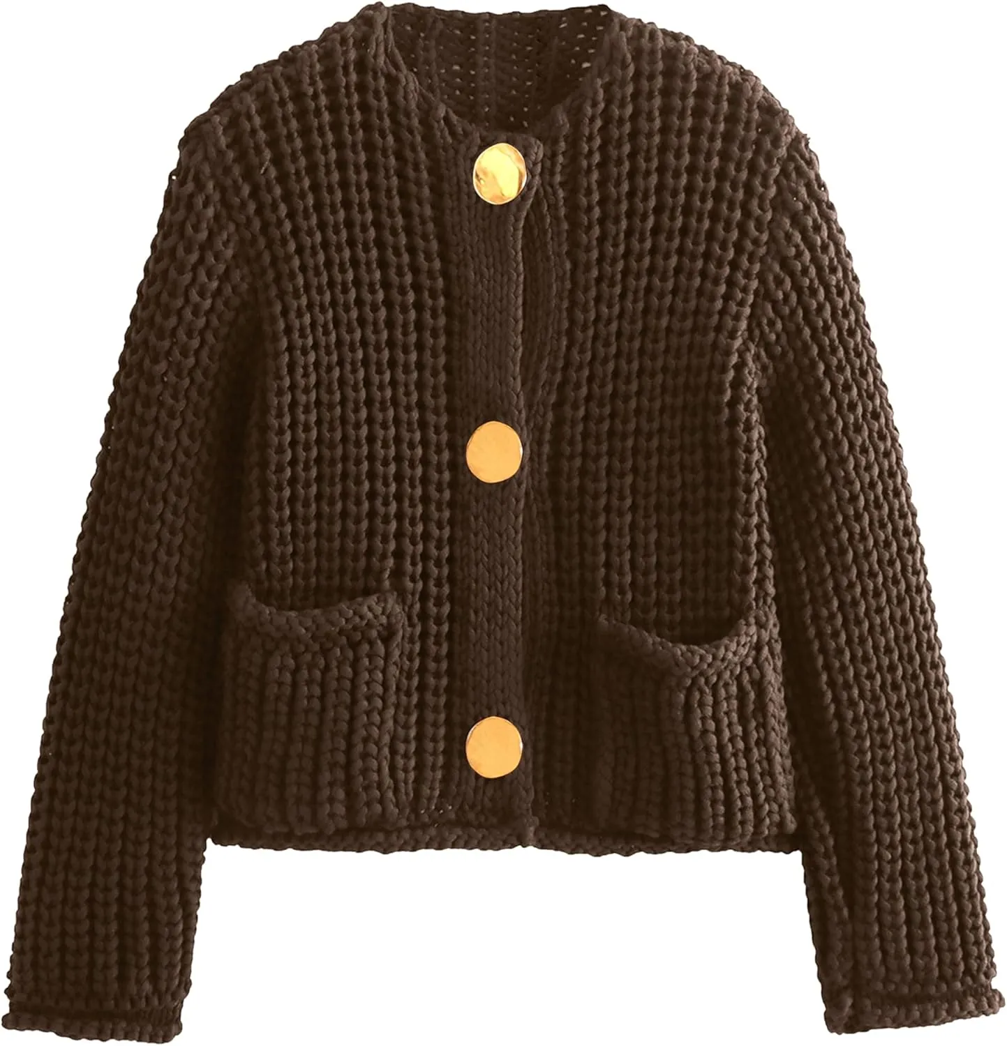 Womens Fall Chunky Knit Cardigan Gold Button Down Long Sleeve Crop Crochet Sweater