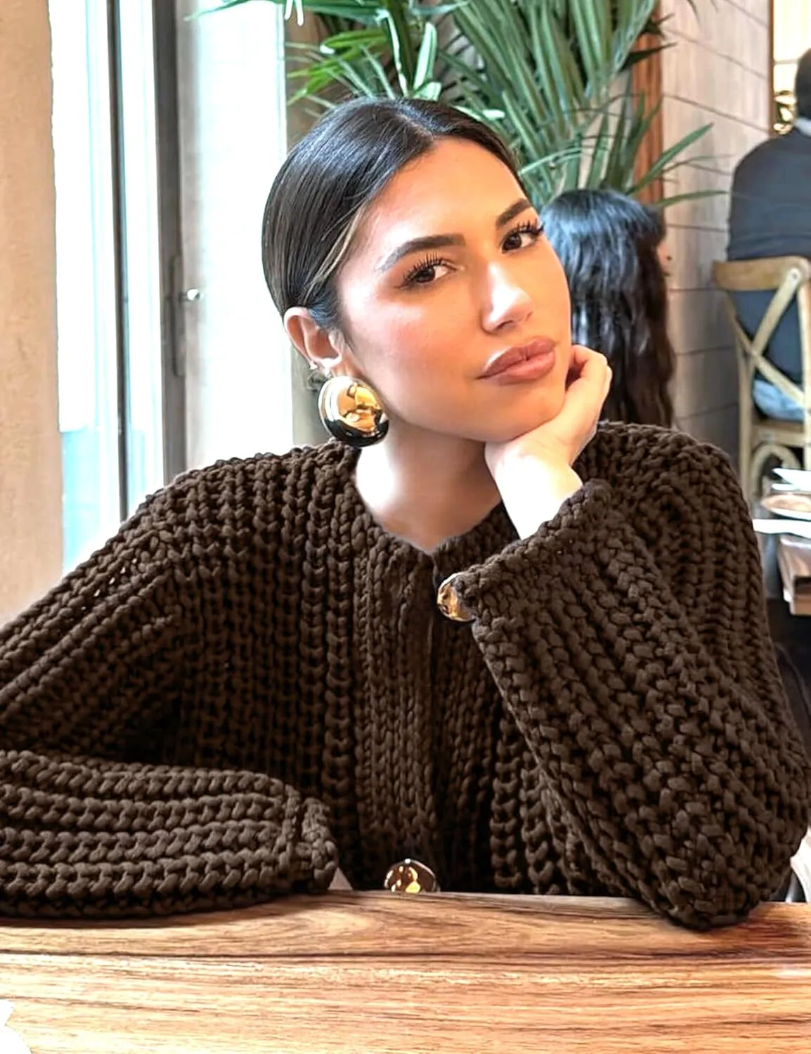Womens Fall Chunky Knit Cardigan Gold Button Down Long Sleeve Crop Crochet Sweater