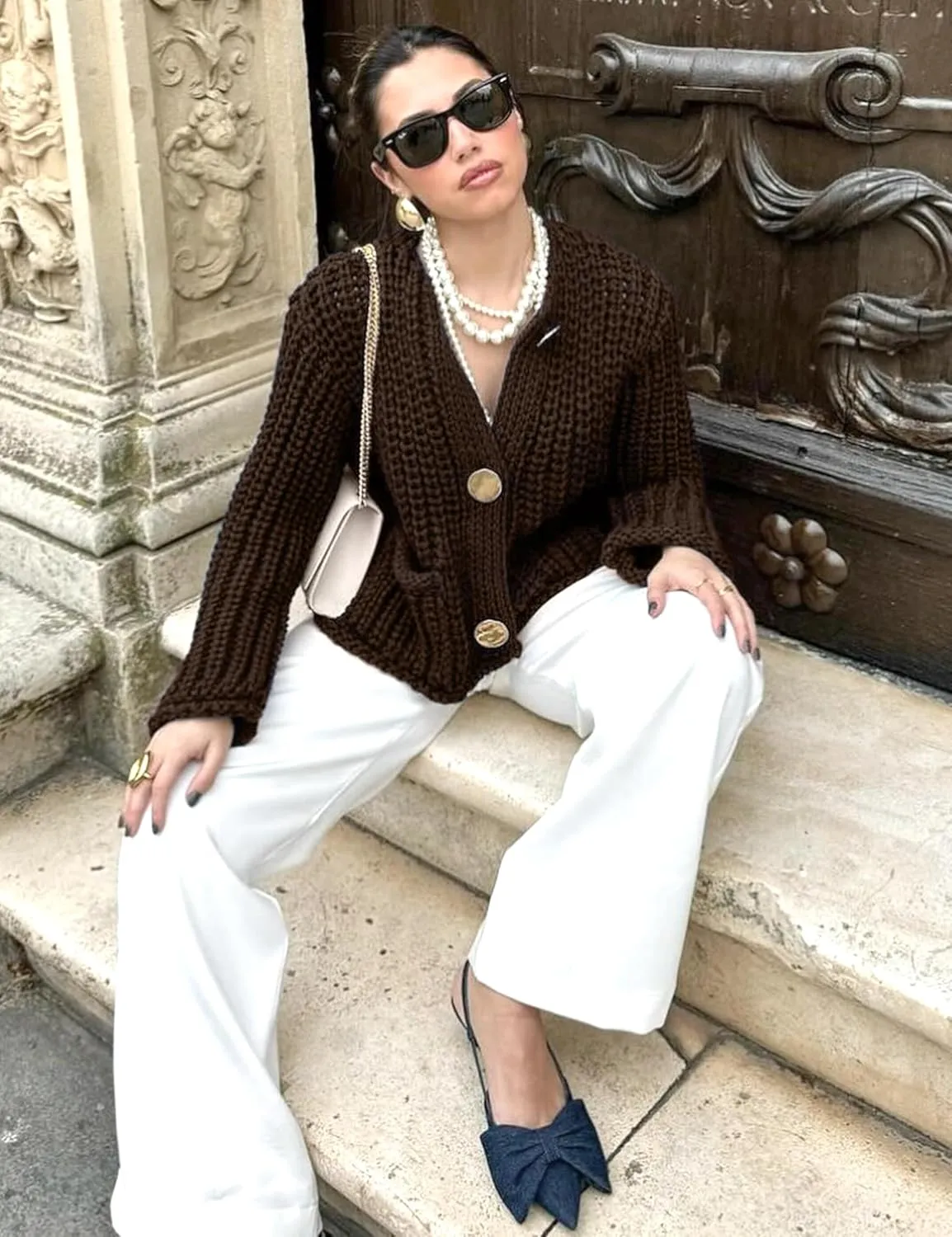 Womens Fall Chunky Knit Cardigan Gold Button Down Long Sleeve Crop Crochet Sweater