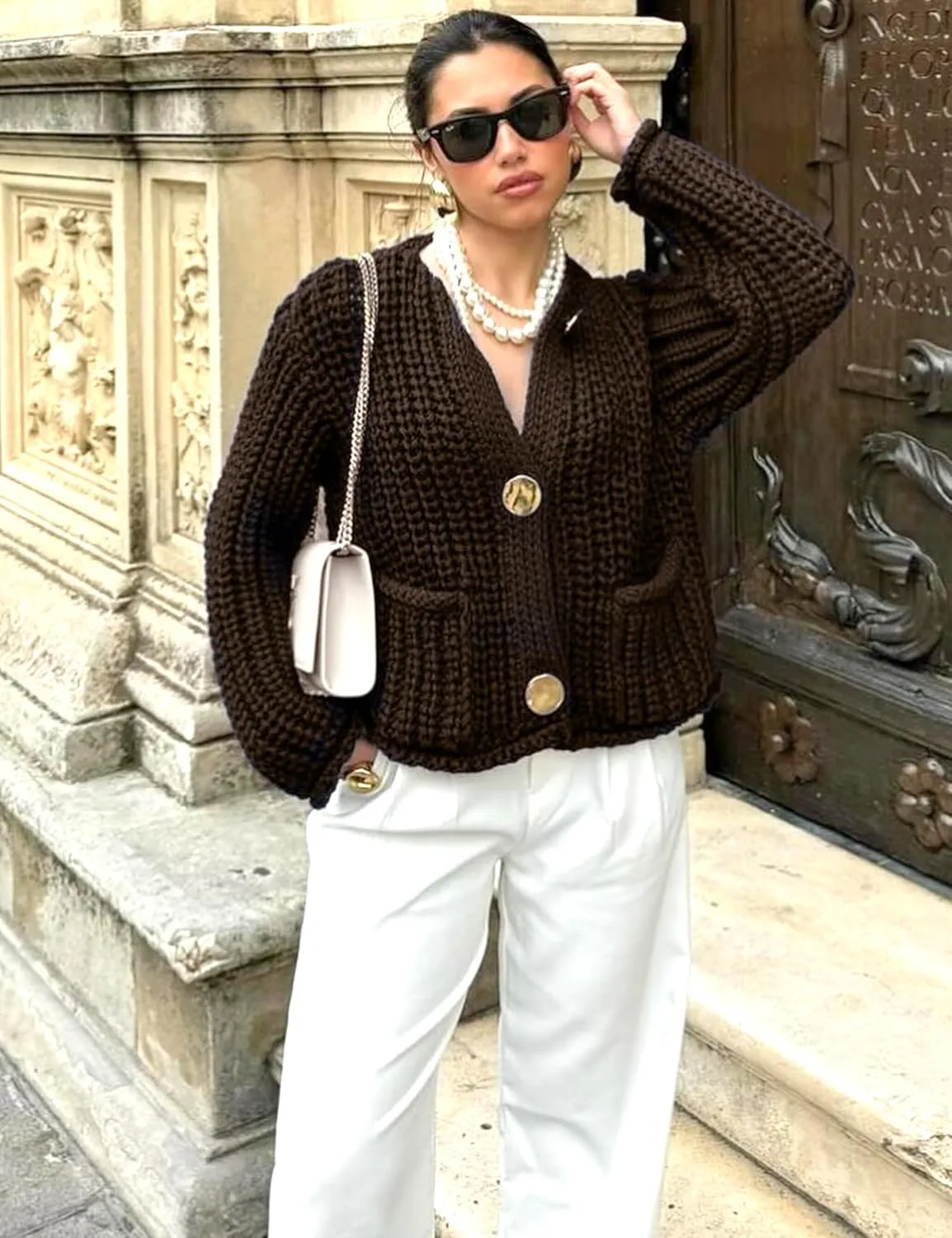 Womens Fall Chunky Knit Cardigan Gold Button Down Long Sleeve Crop Crochet Sweater