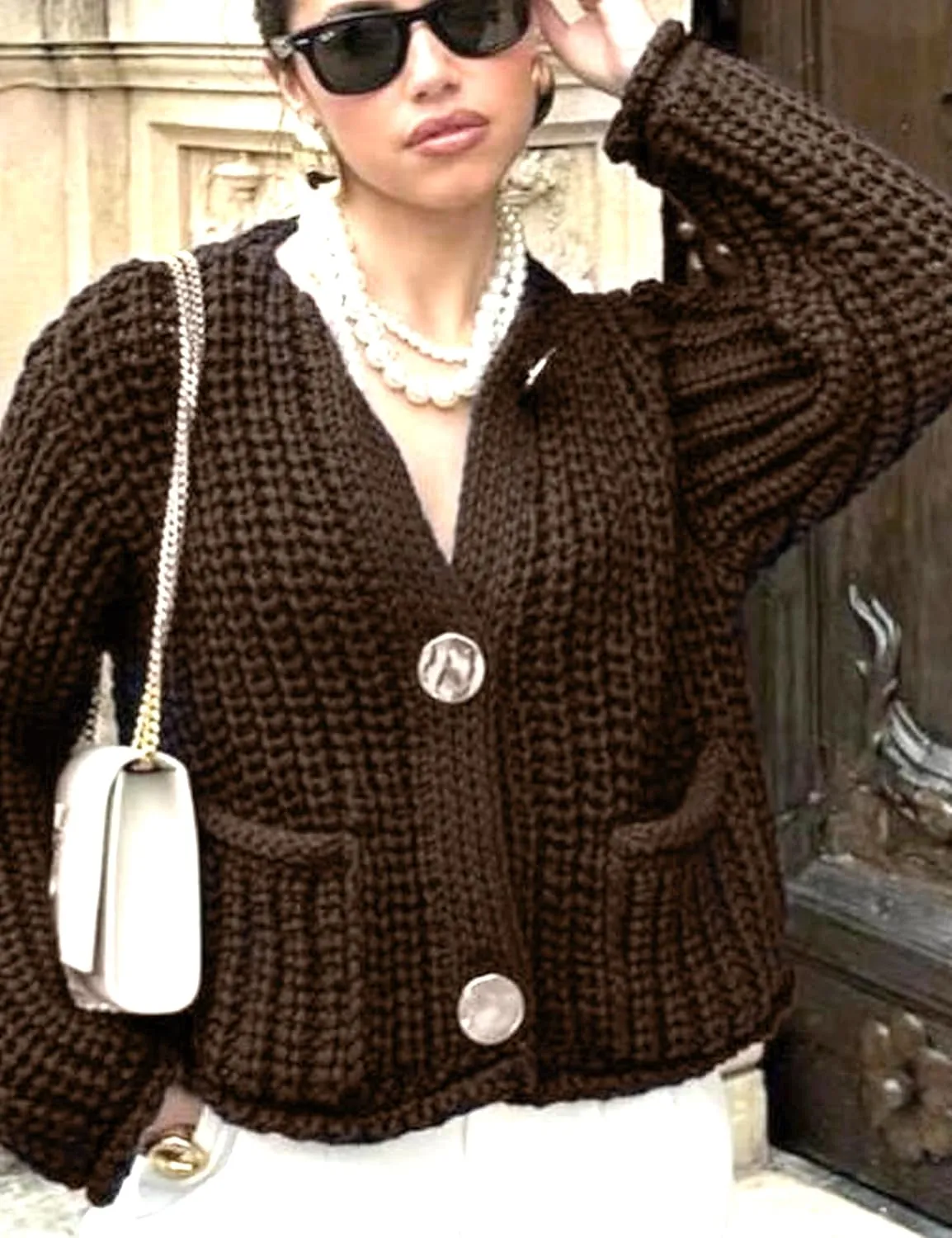 Womens Fall Chunky Knit Cardigan Gold Button Down Long Sleeve Crop Crochet Sweater