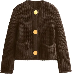 Womens Fall Chunky Knit Cardigan Gold Button Down Long Sleeve Crop Crochet Sweater