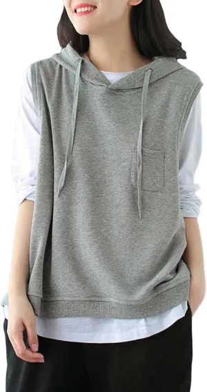 Women's Fashion Solid Hoodies Sweatshirts Sleeveless Drawstring Oversized Tops Loose Fit Pullover Shirts with Pocket