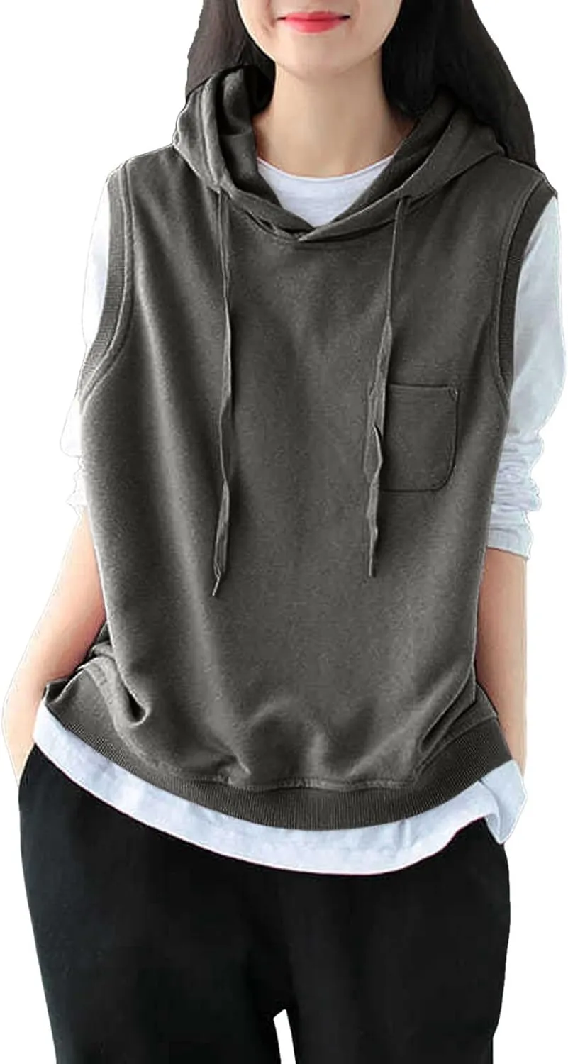 Women's Fashion Solid Hoodies Sweatshirts Sleeveless Drawstring Oversized Tops Loose Fit Pullover Shirts with Pocket