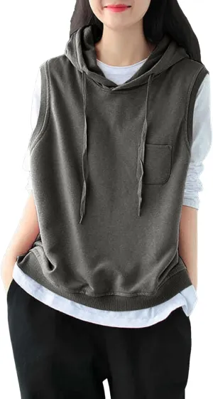 Women's Fashion Solid Hoodies Sweatshirts Sleeveless Drawstring Oversized Tops Loose Fit Pullover Shirts with Pocket