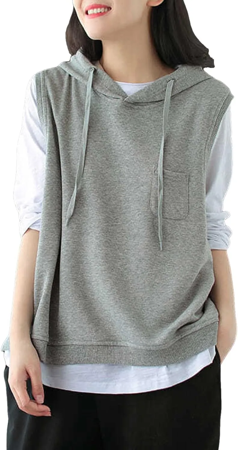 Women's Fashion Solid Hoodies Sweatshirts Sleeveless Drawstring Oversized Tops Loose Fit Pullover Shirts with Pocket