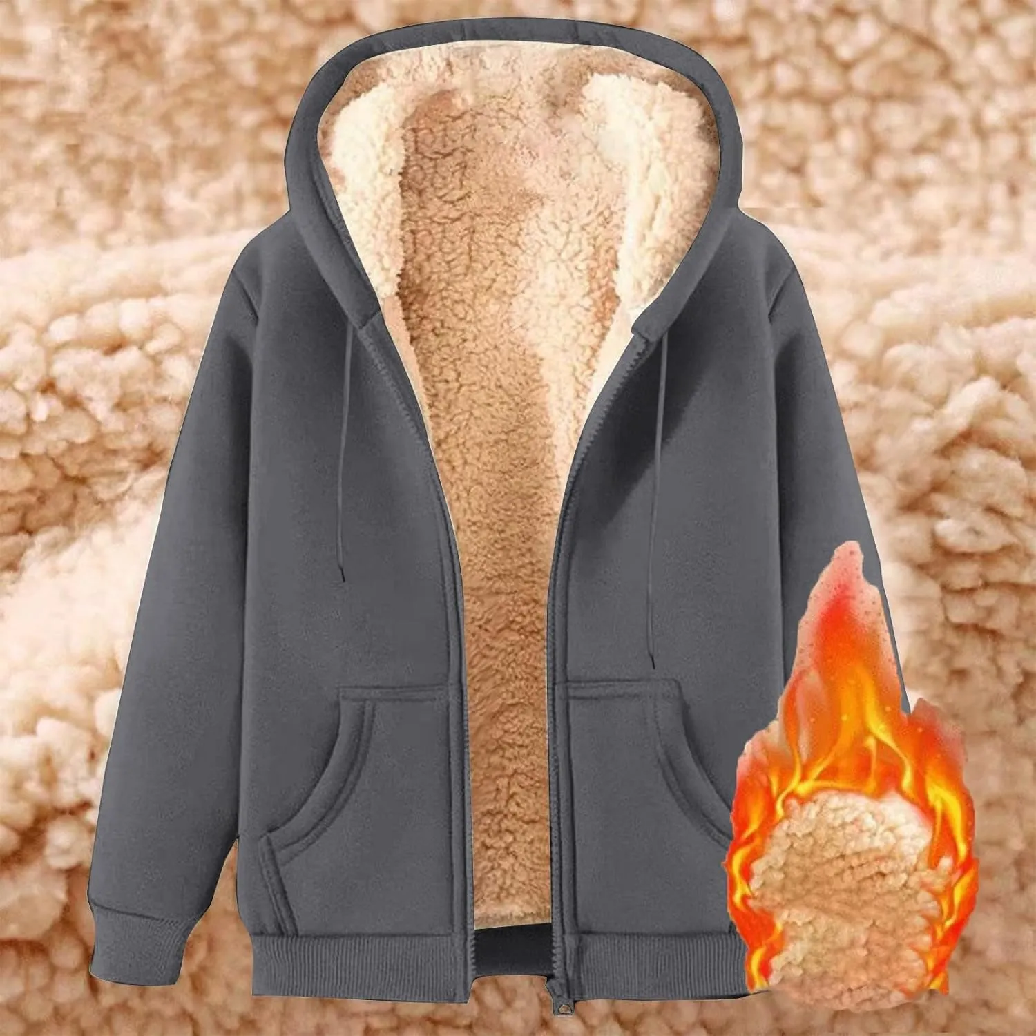 Womens Fleece Lined Jacket Full Zip Up Oversized Sherpa Hoodies Casual Warm Sweatshirt Jackets Winter Clothes