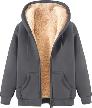 Womens Fleece Lined Jacket Full Zip Up Oversized Sherpa Hoodies Casual Warm Sweatshirt Jackets Winter Clothes