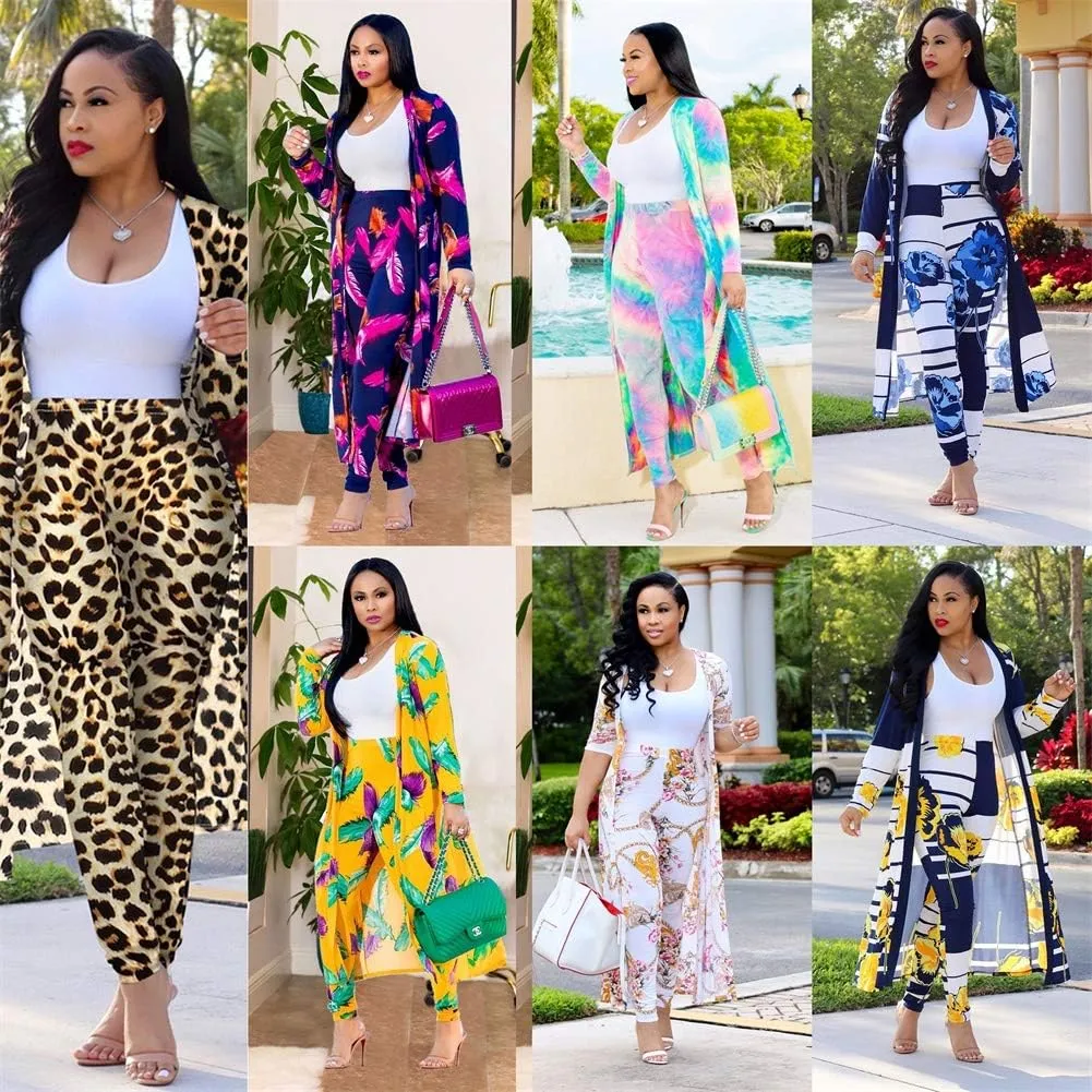 Womens Floral Print Long Sleeve Cardigan Cover up Long Pants 2 Piece Outfits Set
