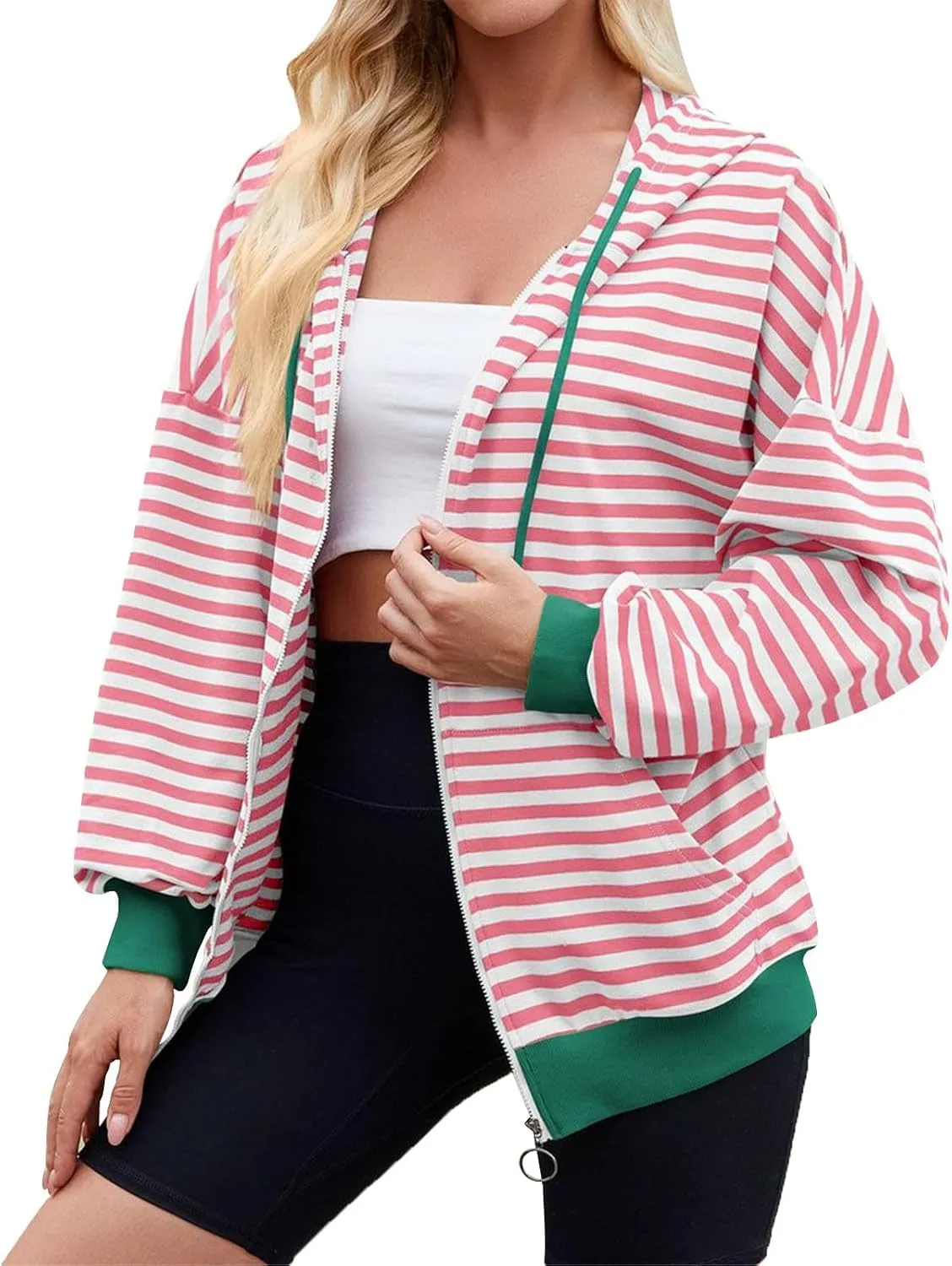 Womens Full-Zip Hoodie Sweatshirts Long Sleeve Striped Shirts Pullover Color Block Drawstring Fall Winter Tops Outfit