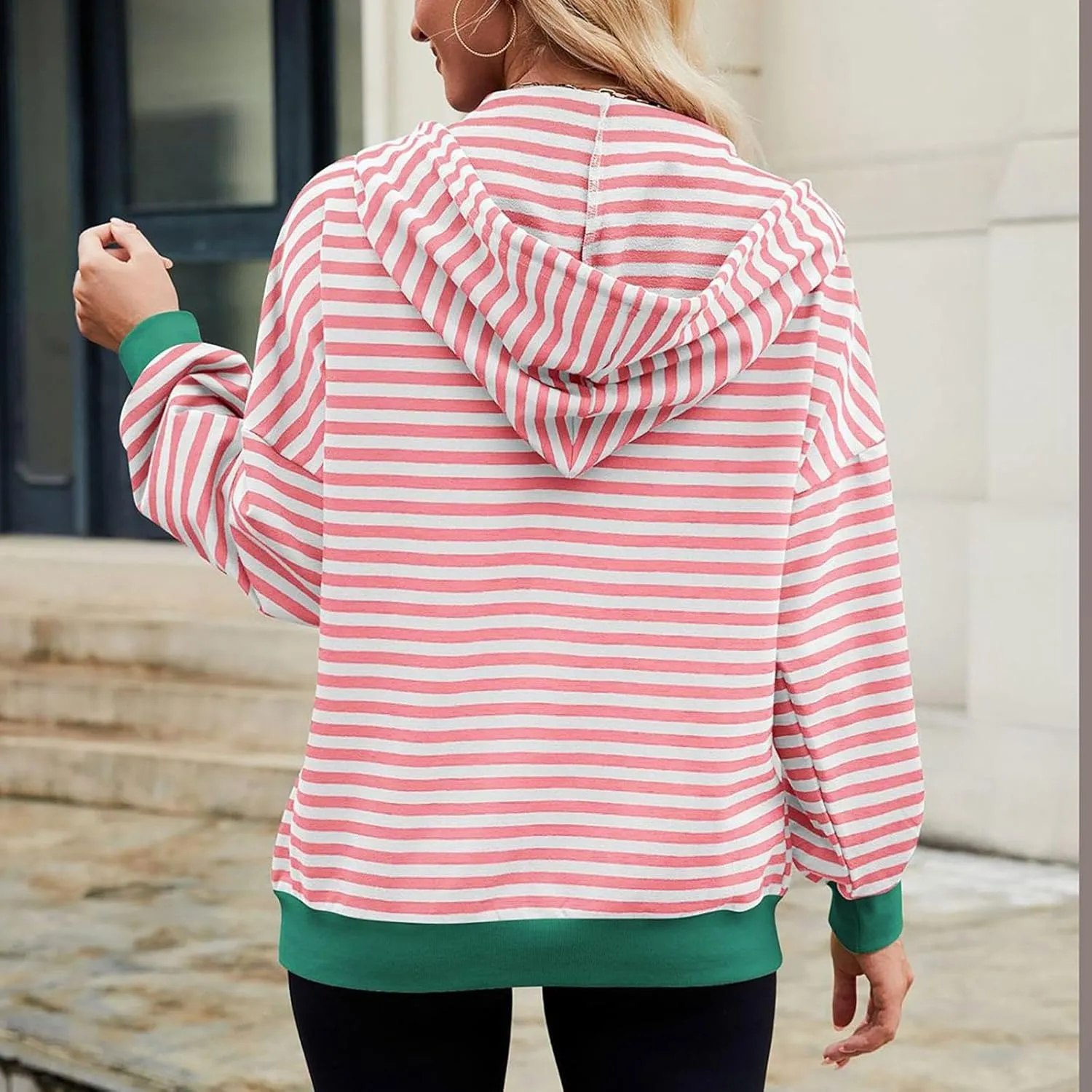 Womens Full-Zip Hoodie Sweatshirts Long Sleeve Striped Shirts Pullover Color Block Drawstring Fall Winter Tops Outfit