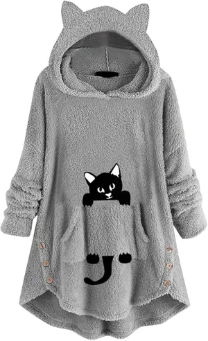 Women's Fuzzy Fleece Pullover Hoodie with Cat Ear Sherpa Oversized Hooded Sweatshirts Cute Pocket Winter Warm Coats