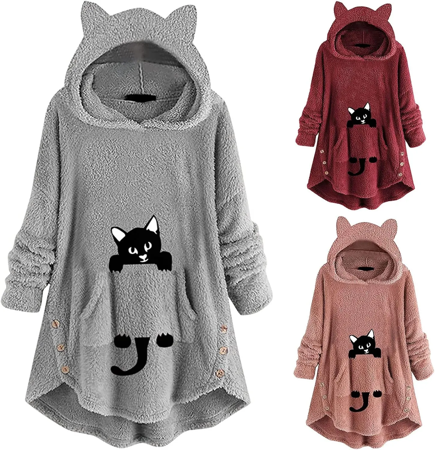 Women's Fuzzy Fleece Pullover Hoodie with Cat Ear Sherpa Oversized Hooded Sweatshirts Cute Pocket Winter Warm Coats